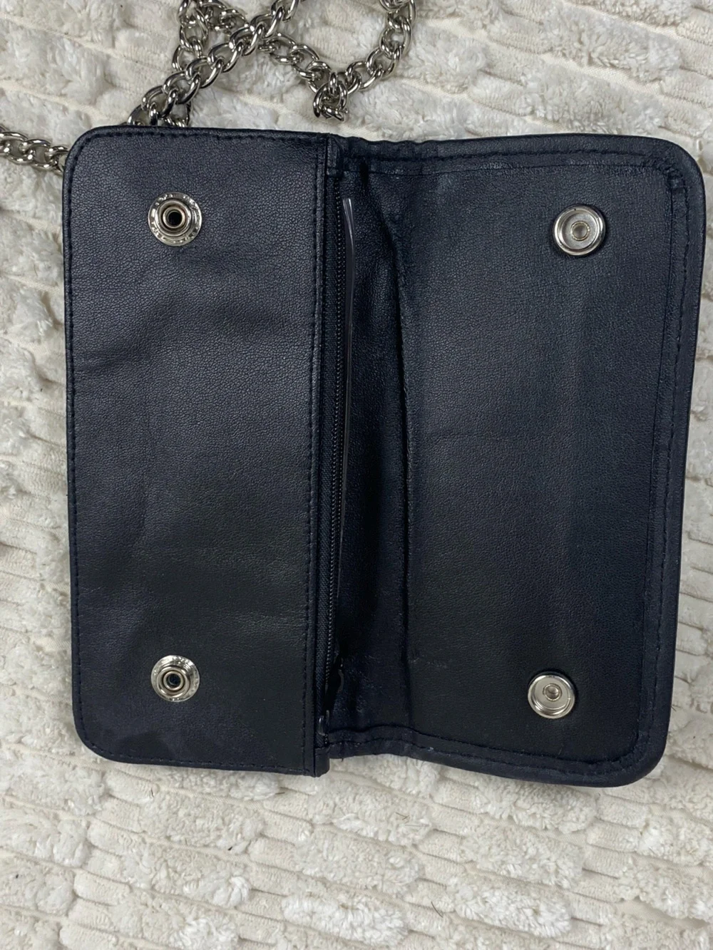 Vintage Black Leather Trucker Biker Chain Wallet Patchwork Eagle Crest 15”